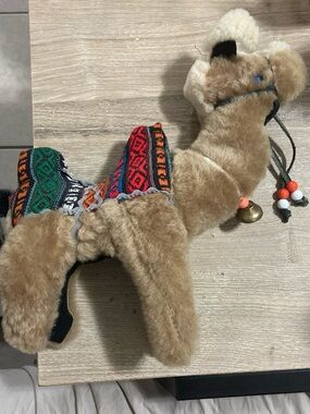 VINTAGE Folk Art Woven Blanket Handmade Plush Furry Camel Figure Statue Decor